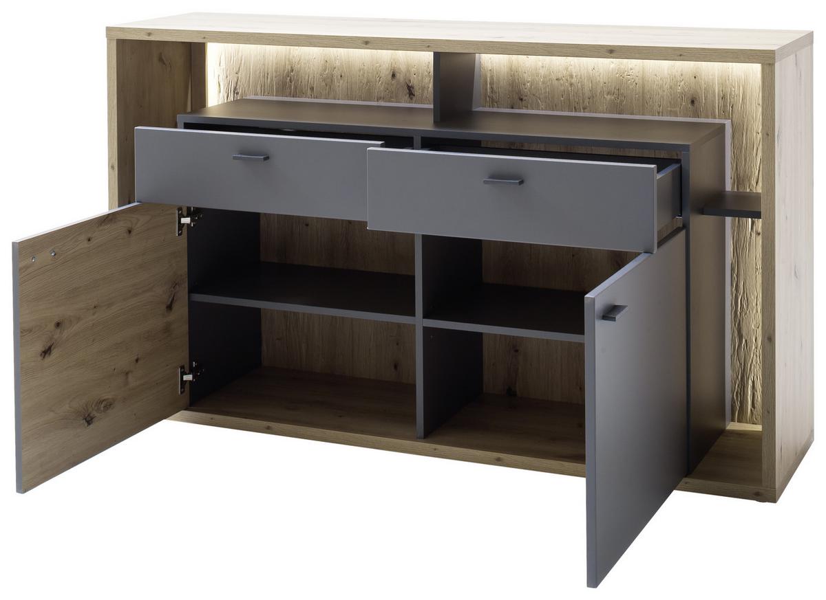 Sideboard B: 156 cm Lizzano Grau/Eichefarben - Eichefarben/Grau, Design, Holzwerkstoff (156/91/40cm) - MID.YOU