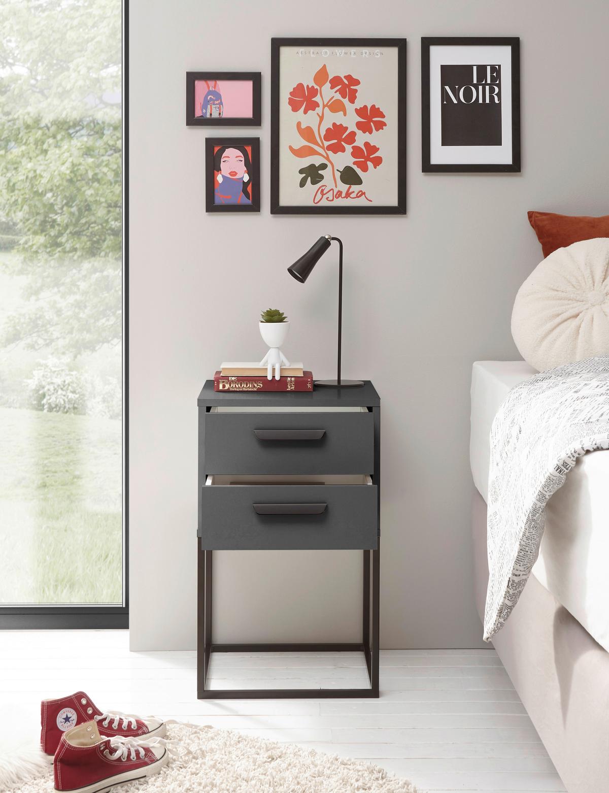 Nočný stolík SUNA 2 zásuvky dekor grafit - čierna/grafitová, Modern, kov/kompozitné drevo (40/65/38,5cm)