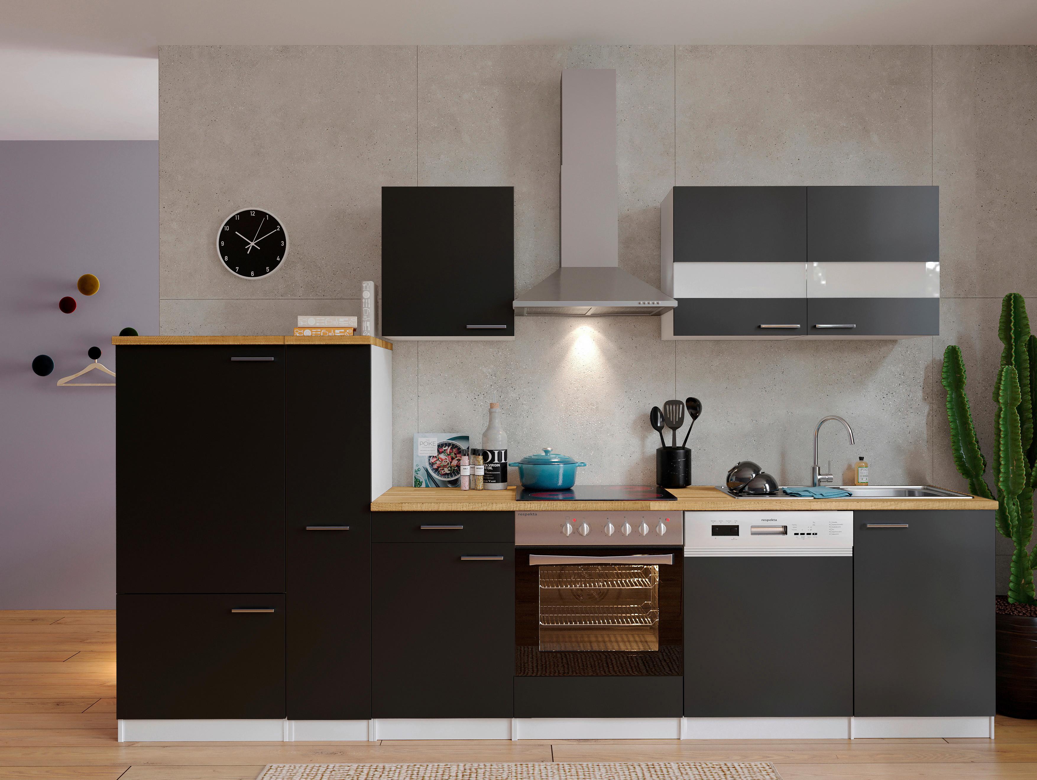 Küchenzeile Economy mit Geräten 310 cm Schwarz/Nussbaum Dekor - Nussbaumfarben/Schwarz, Basics, Holzwerkstoff (310cm) - Respekta