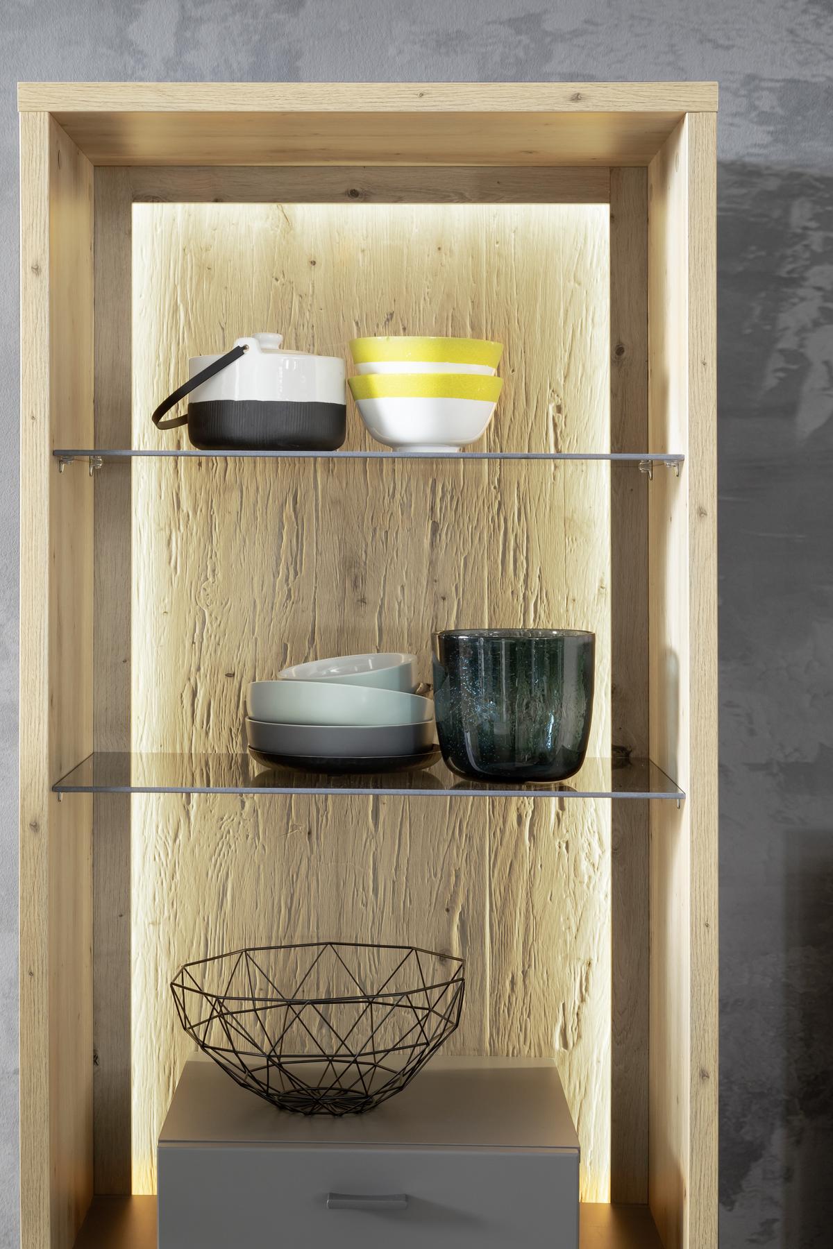 Vitrine Lizzano B: 66 cm Grau/Eichefarben - Eichefarben/Grau, Design, Glas/Holzwerkstoff (66/209/40cm) - MID.YOU