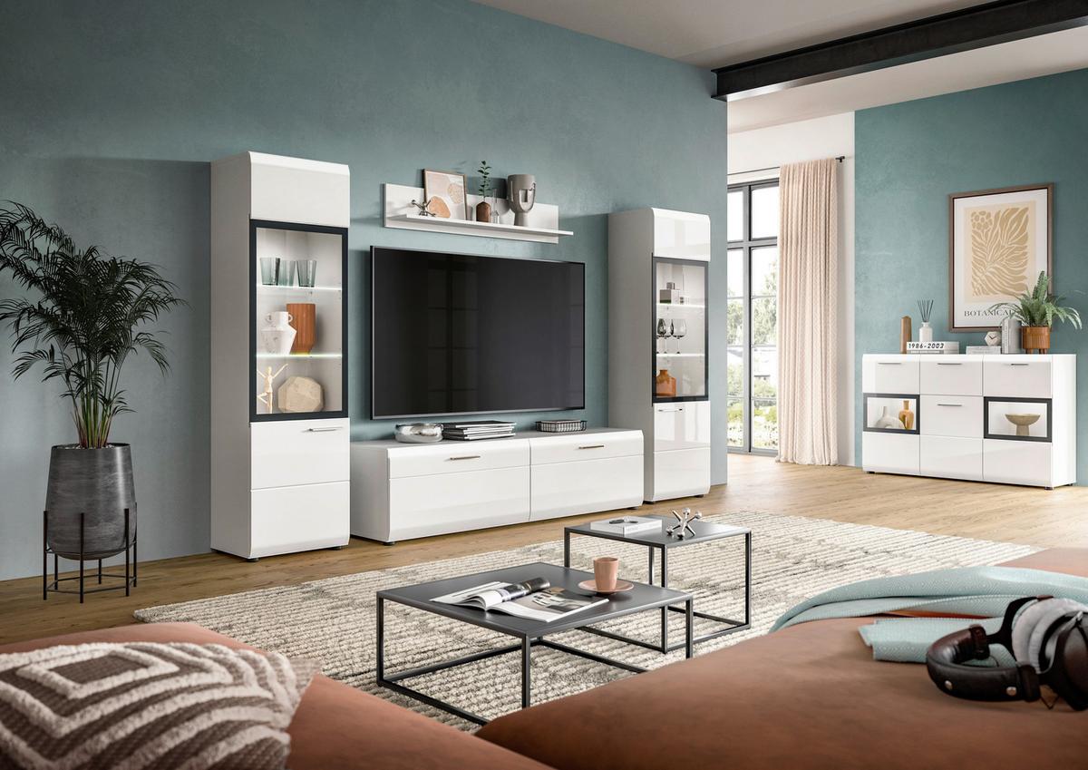 Sideboard Ice Weiß/weiß Hochglanz B: 280 Cm - Weiß Hochglanz/Schwarz, Design, Glas/Holzwerkstoff (280/160/41cm) - Livetastic