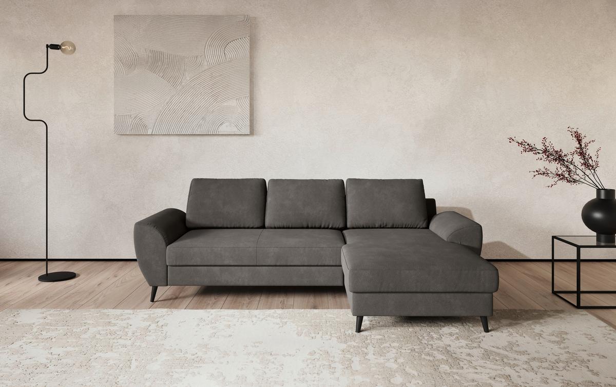 Ecksofa mit Bettfunktion Terra Chenille grau, B: 255cm - Schwarz/Grau, Trend, Textil (255/154cm) - MID.YOU