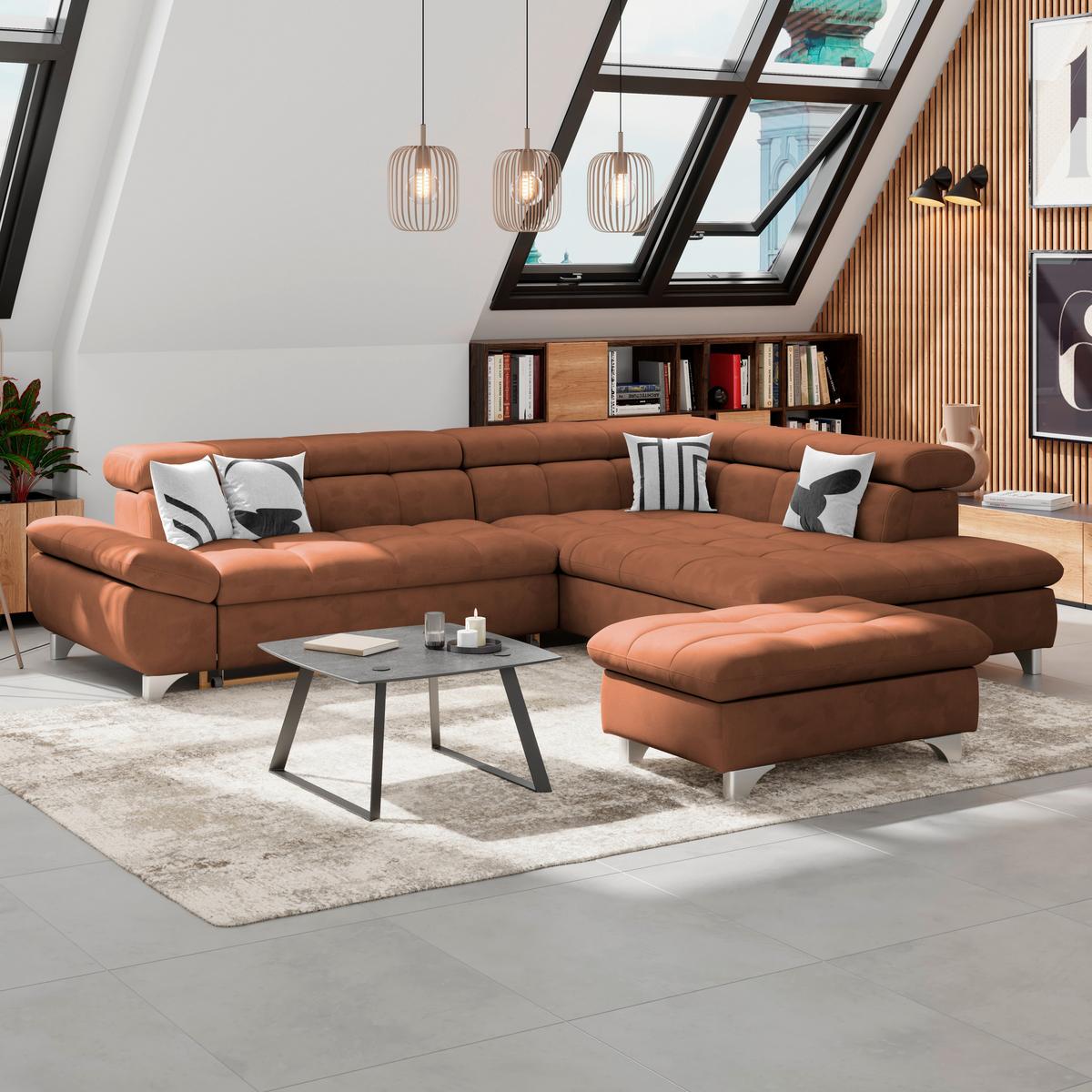 Ecksofa Gemini Cognac, B: 312cm - Chromfarben/Cognac, KONVENTIONELL, Textil (312/234cm)
