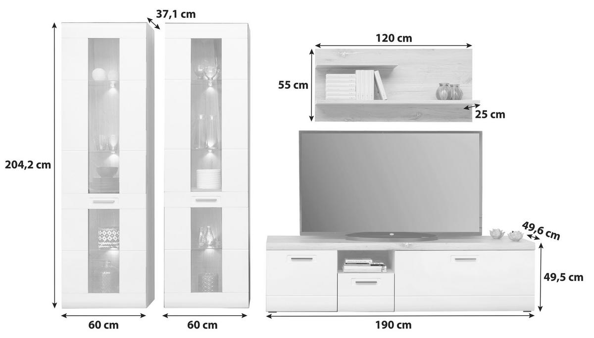 Wohnkombination 4-Tlg. Auris, Weiß/Eiche Dekor - Eichefarben/Weiß, MODERN, Glas/Holzwerkstoff (310/204,2/49,6cm) - Luca Bessoni