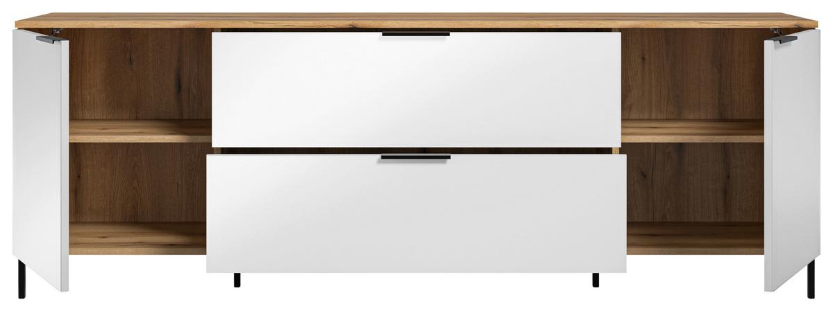 TV-Lowboard Austin 180 cm Eichefarben/Glasfront Weiss - Eichefarben/Schwarz, Trend, Glas/Holzwerkstoff (180/63/40cm)
