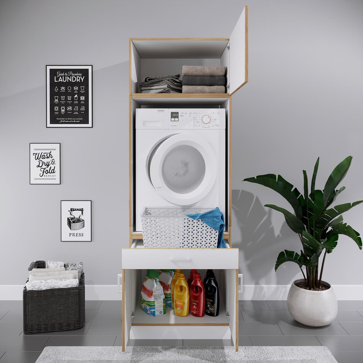Mosógépszekrény Rislo - méztölgy színű/fehér, Trend, faalapú anyag (67/200/68cm) - MID.YOU