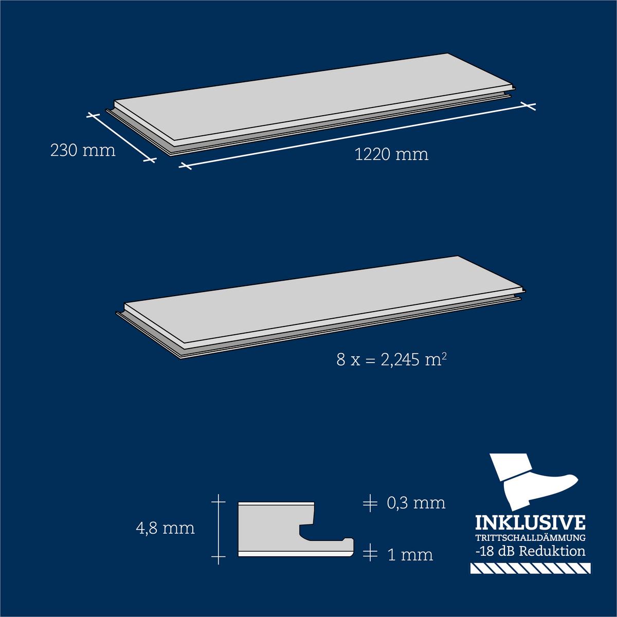 Designboden Eichefarben/grau /hellgrau Lhd. Stärke 4,8mm - Eichefarben/Eiche grau, Basics, Kunststoff (122/23/0.48cm)