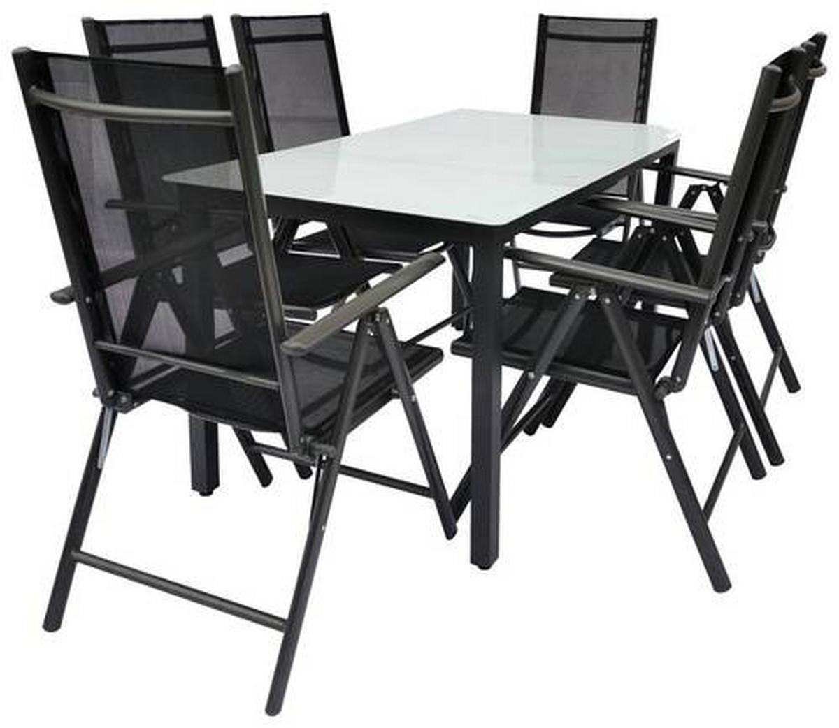 Záhradná zostava, 7- dielna, stôl 140x80 - antracitová, Basics, kov/textil - Gardenson
