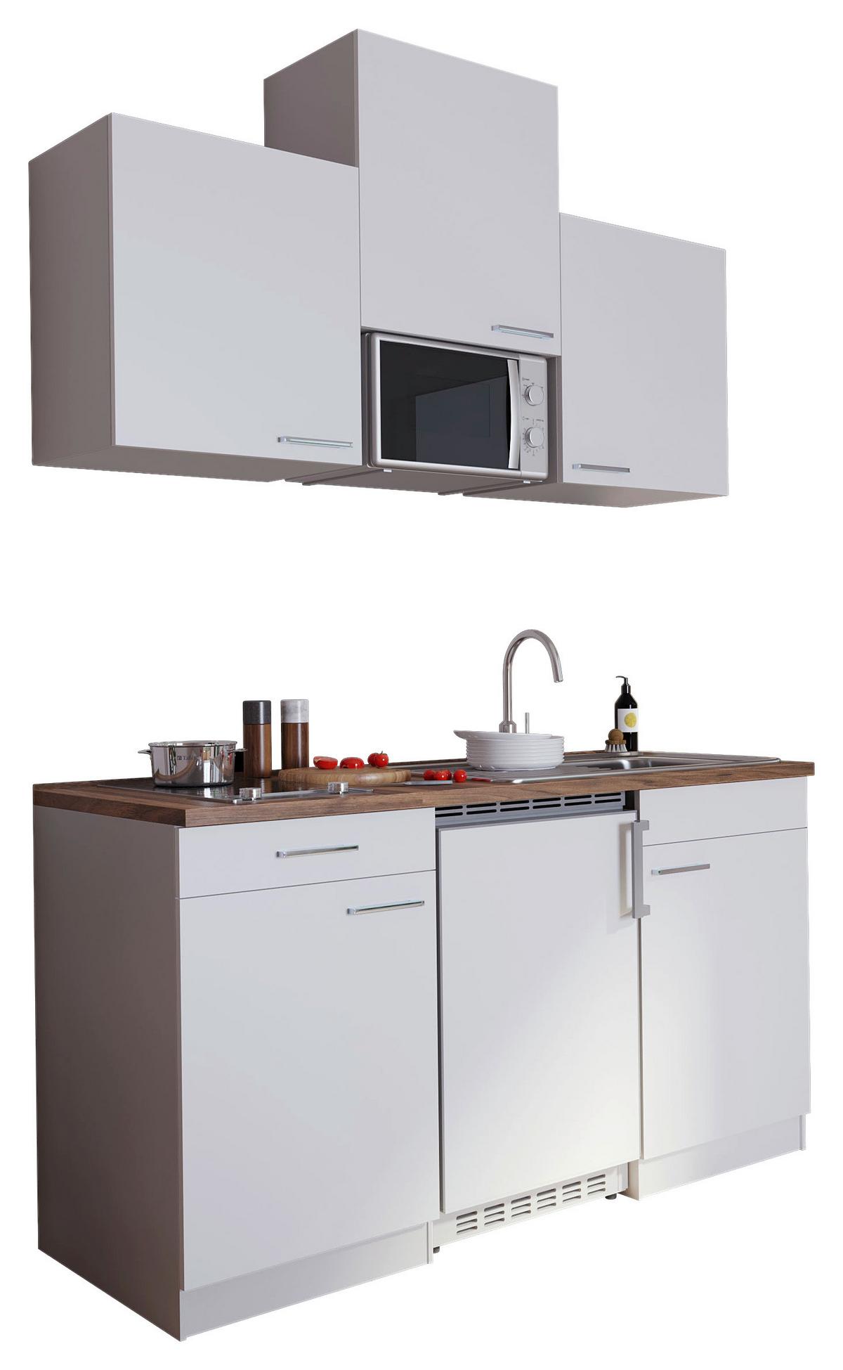 Miniküche Economy M. Geräten 150 Cm Weiß/ Nussbaum Dekor - Nussbaumfarben/Weiß, Basics, Holzwerkstoff (150cm) - Respekta