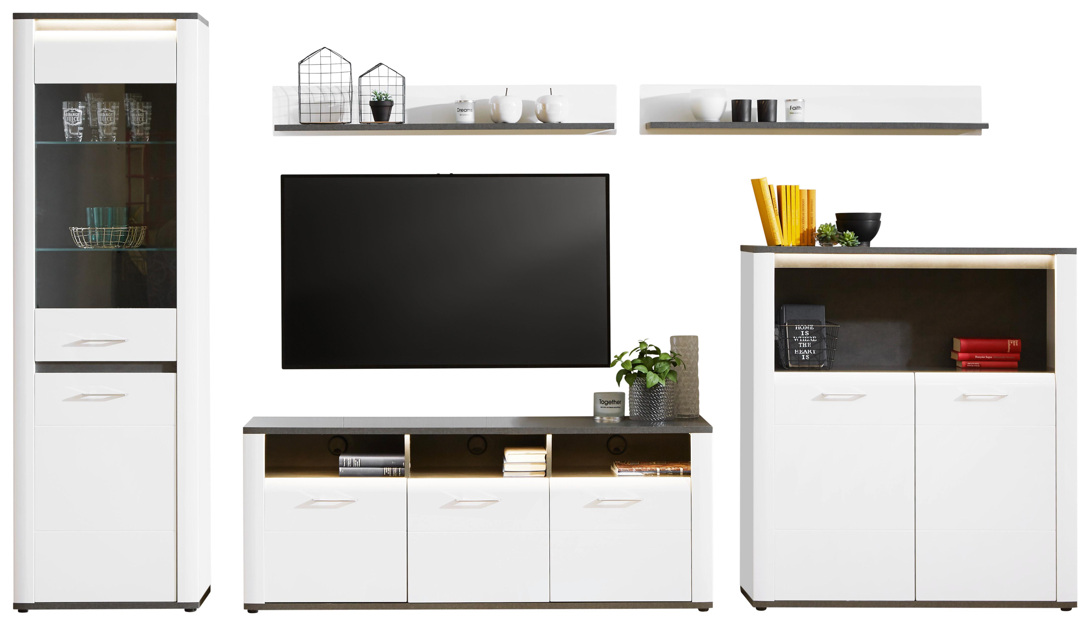 Wohnkombination Modern 5 Tlg. Mit Led Alassio 7, Weiß/matera