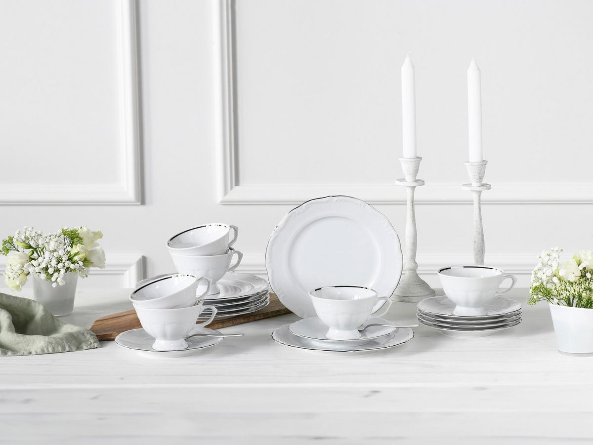Kaffeeservice Maria Theresia Weiß, Platinfarben L: 34 cm - Platinfarben/Weiß, Basics, Keramik (34/28,5/25,5cm) - Creatable