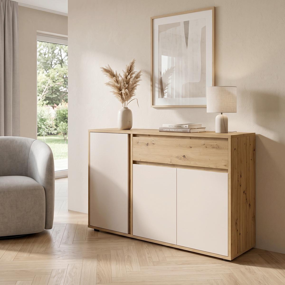 Sideboard Caneva Eiche Artisan/Kaschmir B:128cm - Kaschmir/Schwarz, MODERN, Holzwerkstoff (128/86/40,3cm)