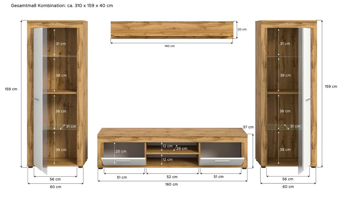 Wohnwand Jam Eiche Wotan Dekor B: 310cm - Eiche Wotan/Schwarz, Design, Glas/Holzwerkstoff (310/159/35cm) - MID.YOU