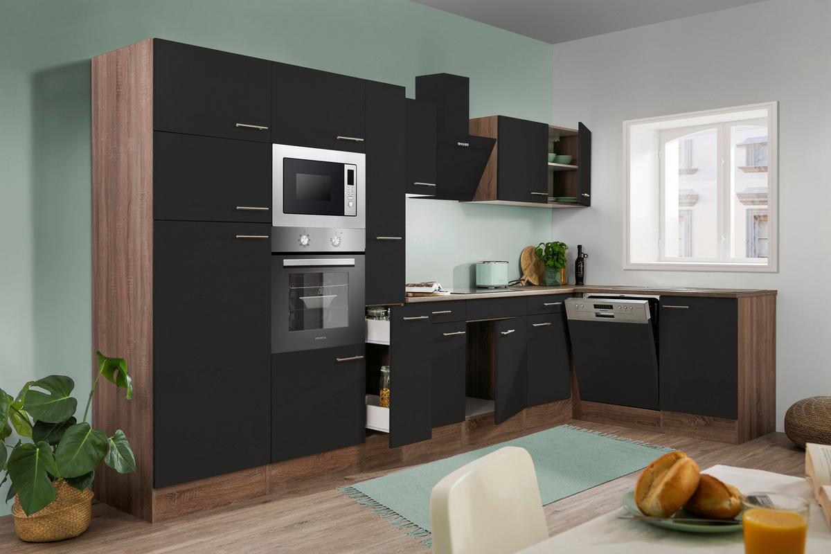 Eckküche Oliver L-Küchenblock 370 Cm - Eichefarben/Schwarz, Basics, Holzwerkstoff (370/172cm) - Respekta