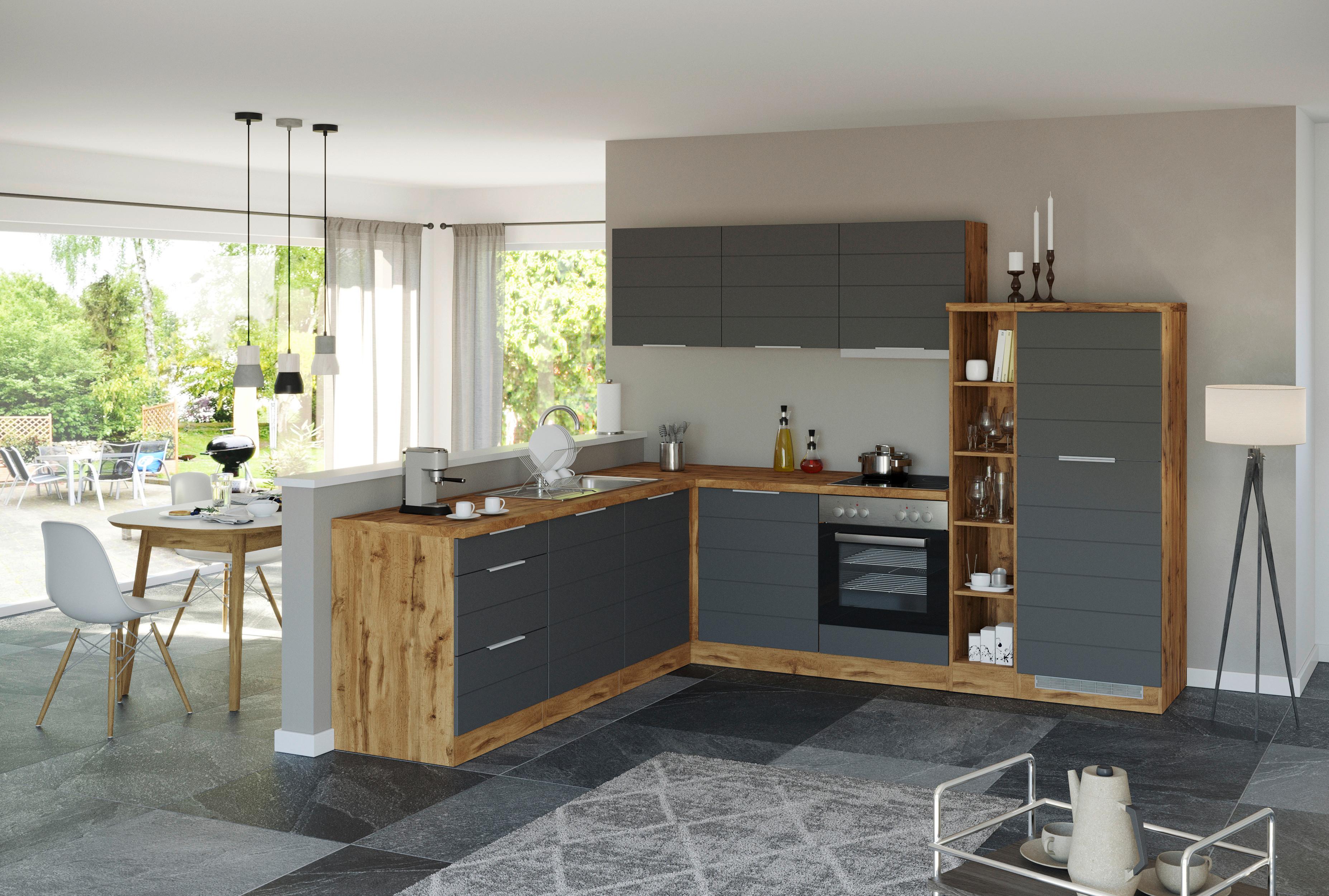 Wohnliche Eckküche FLORENZ in Grau und Eiche Wotan Dekor