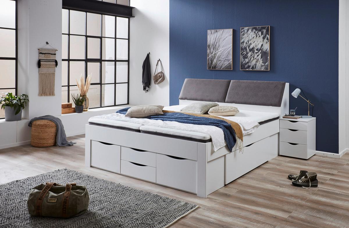Stauraumbett mit Bettkasten 180x200 cm Maxi Weiß - Weiß/Grau, KONVENTIONELL, Holzwerkstoff/Textil (180/200cm)