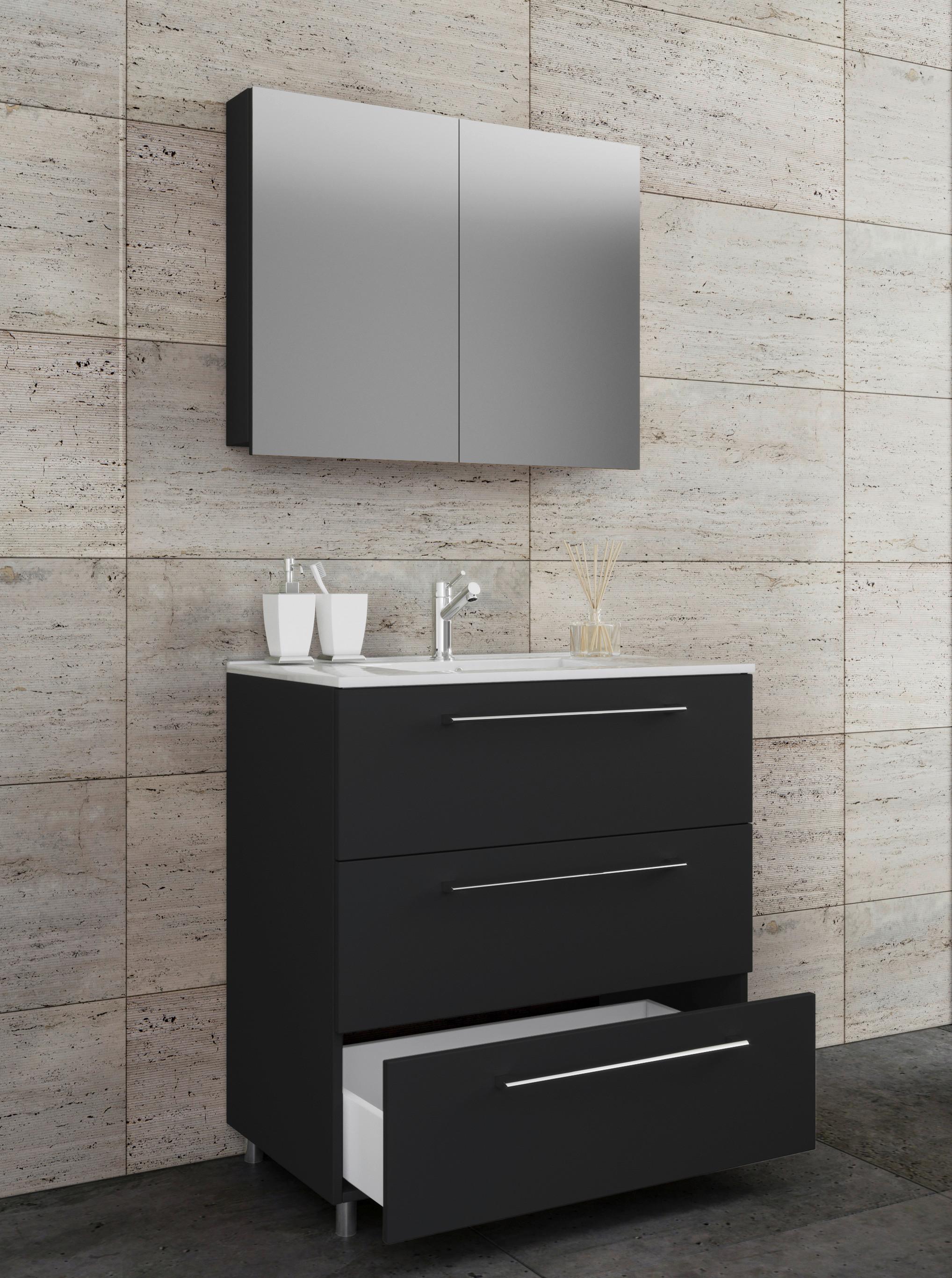 Badezimmer Schubo 3-Teilig Schwarz B: 60 cm - Alufarben/Schwarz, MODERN, Keramik/Holzwerkstoff (60cm) - MID.YOU