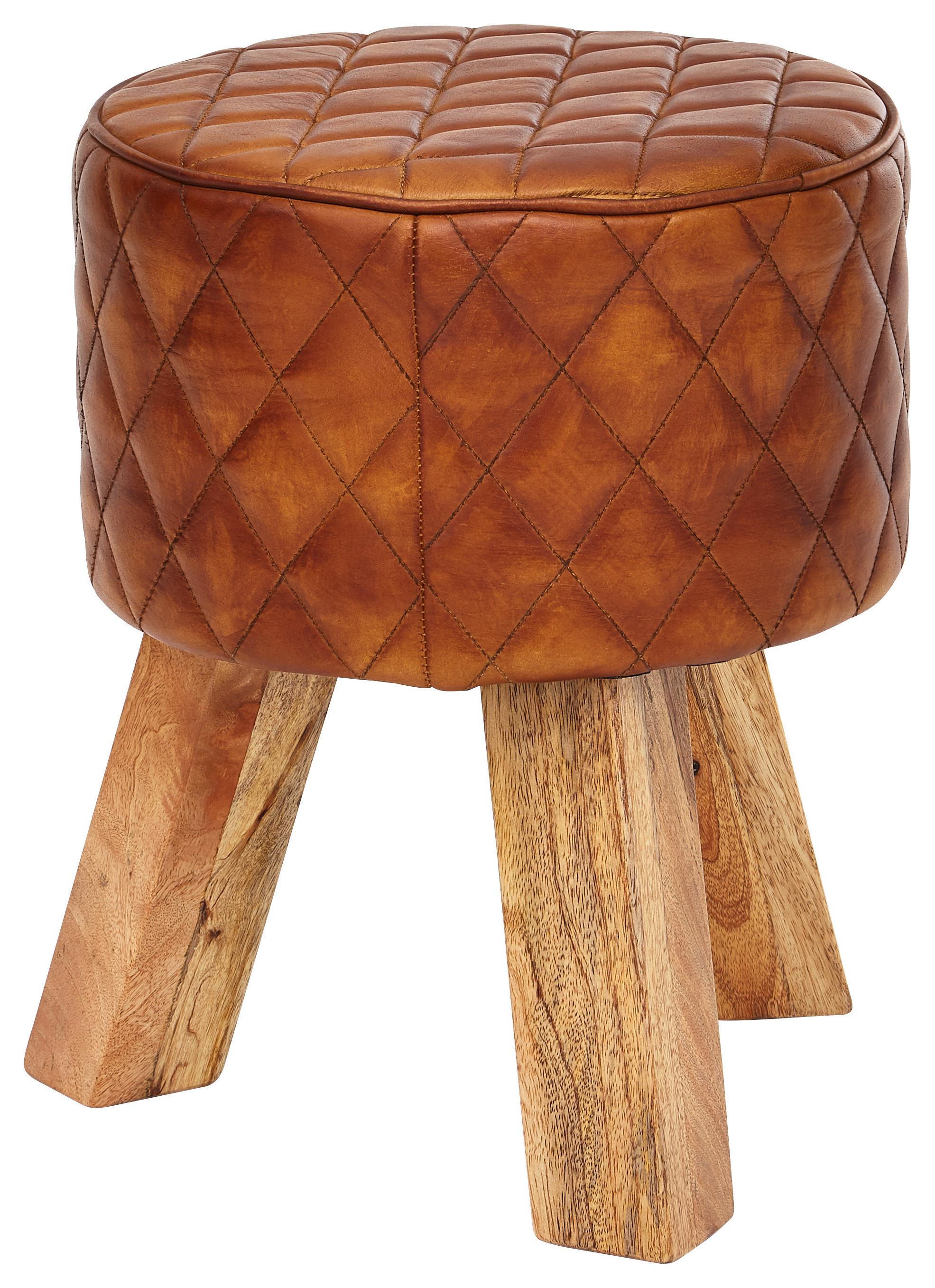 Hocker Leder Braun Sitz Gepolstert H: 46 cm Rund