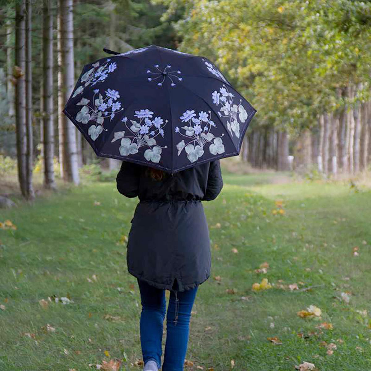 REGENSCHIRM BLUE ANEMONE - Schwarz/Dunkelblau, Basics, Holz/Textil (105cm)