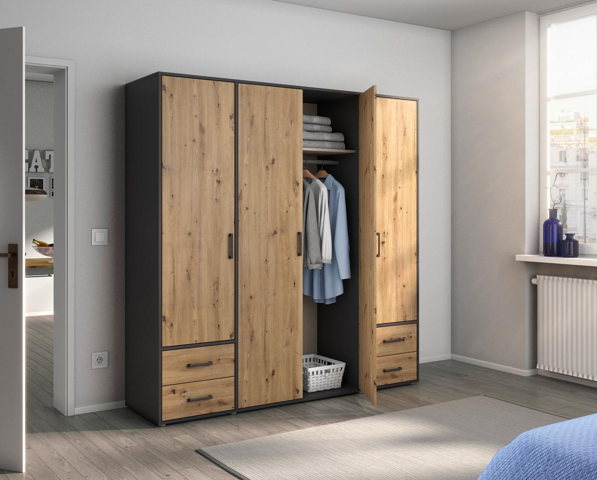 Drehtürenschrank Voyager Grau,eiche Artisan B: 187 Cm - Eiche Artisan/Grau, MODERN, Holzwerkstoff (187/194/53cm) - Rauch Möbel