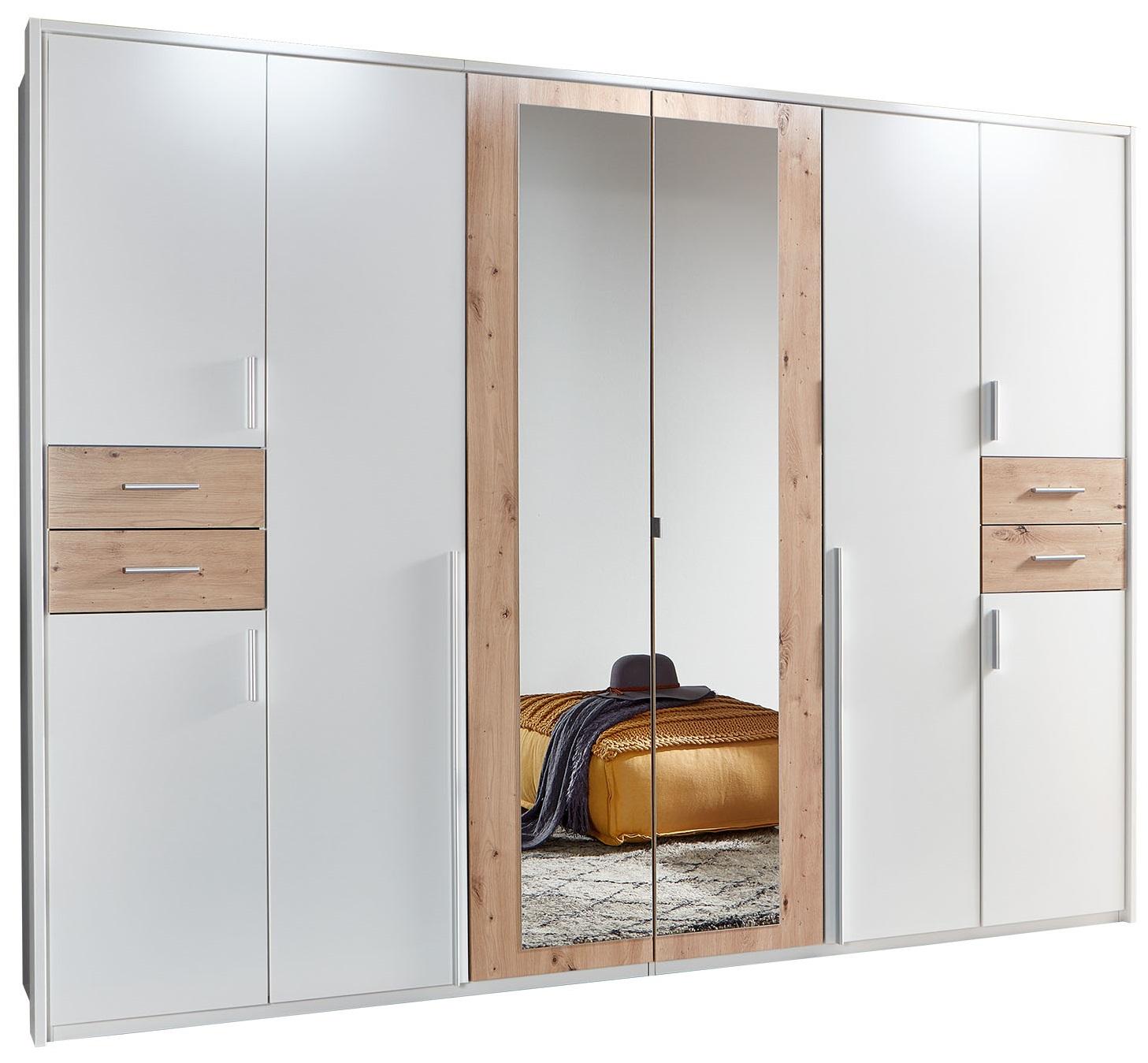 Drehtürenschrank Mit Spiegel + Laden B: 270 cm Vegas, Weiß - Eiche Artisan/Weiß, Basics, Holzwerkstoff (270/208/58cm) - MID.YOU