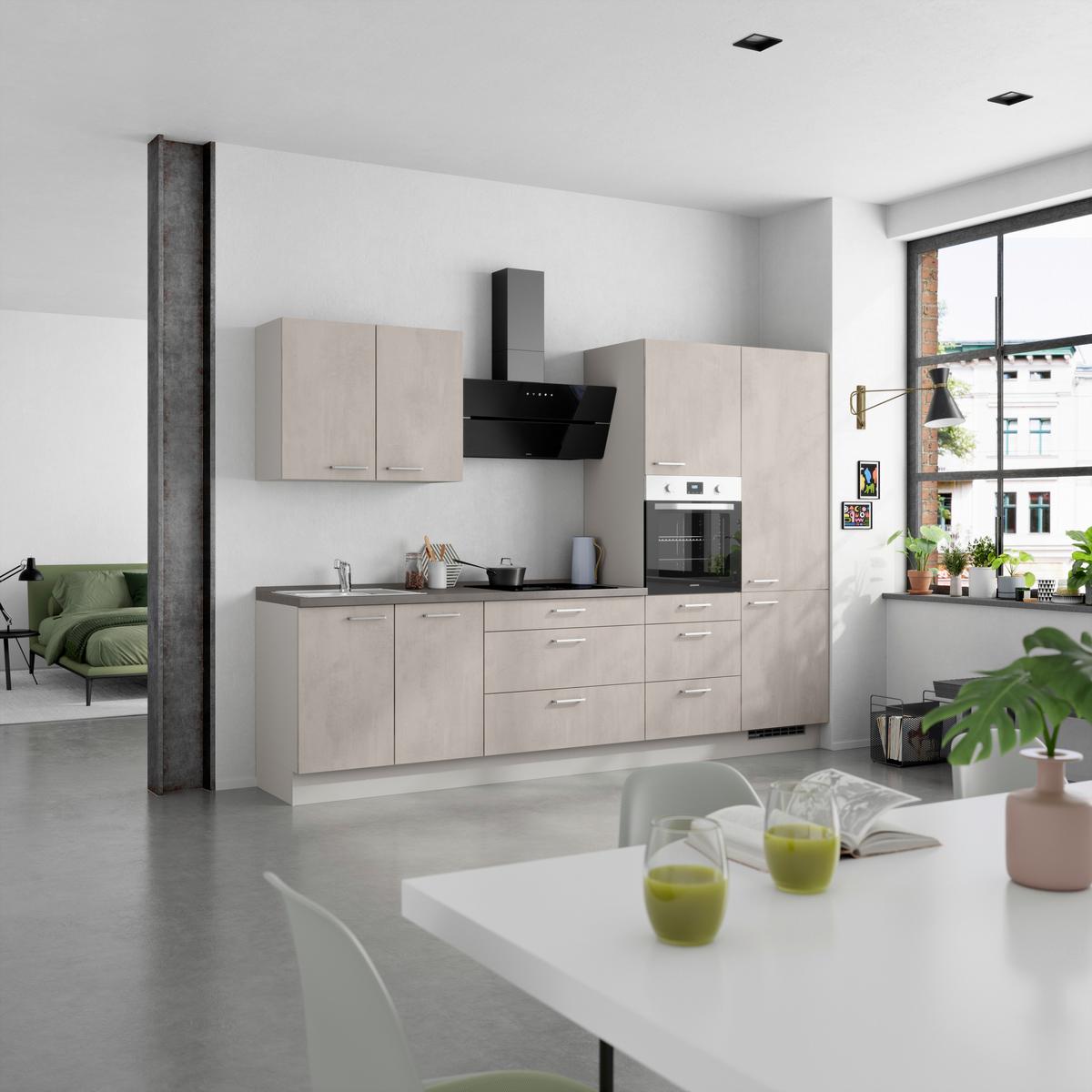 Kuchyňská linka 300 cm, šedý betón/ kamenná šedá - šedá/světle šedá, Moderní, kov/kompozitní dřevo (300cm) - Nobilia