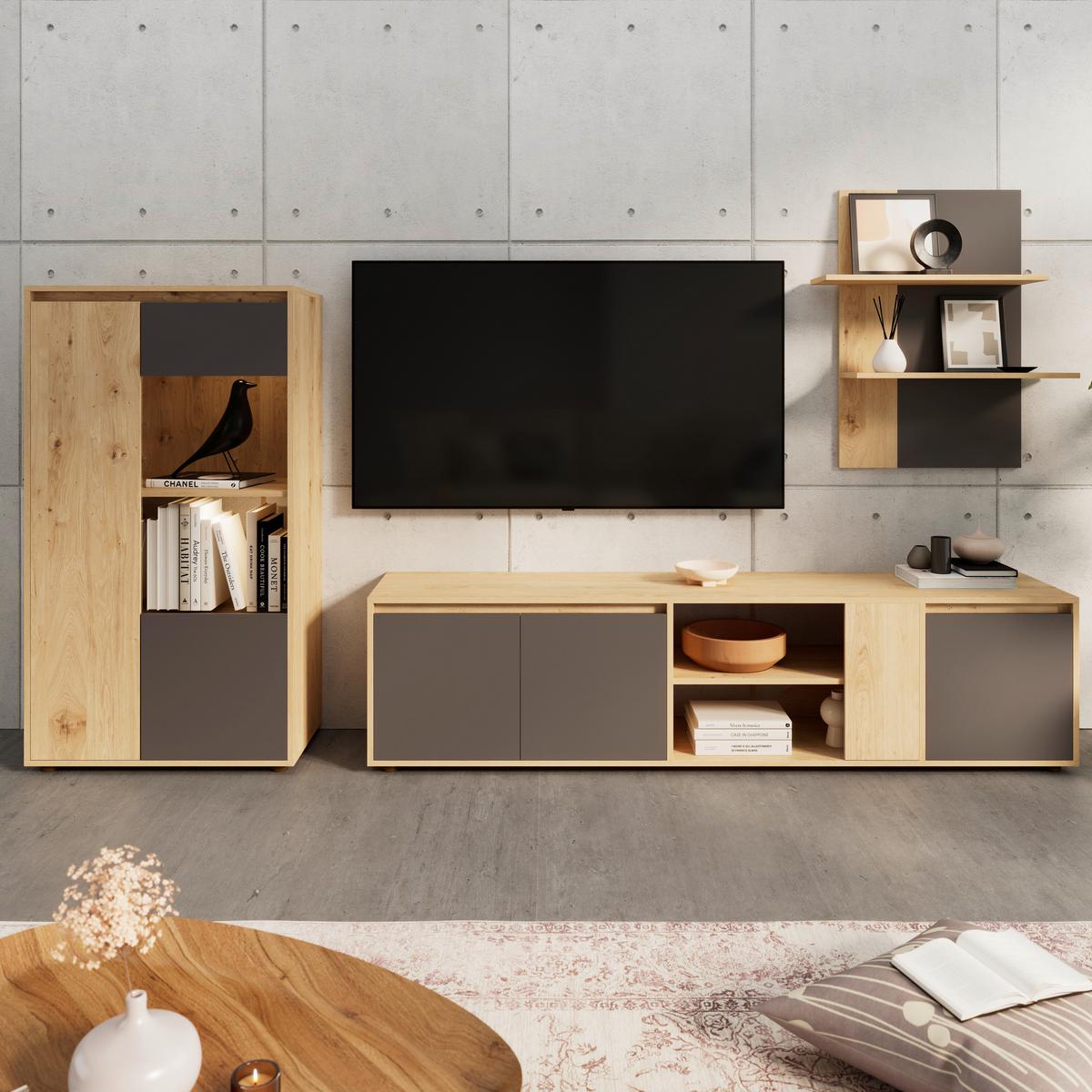 Wohnwand Caneva Anthrazit/Eichefarben B: 268cm - Anthrazit/Schwarz, MODERN, Glas/Holzwerkstoff (268/134/40,3cm)