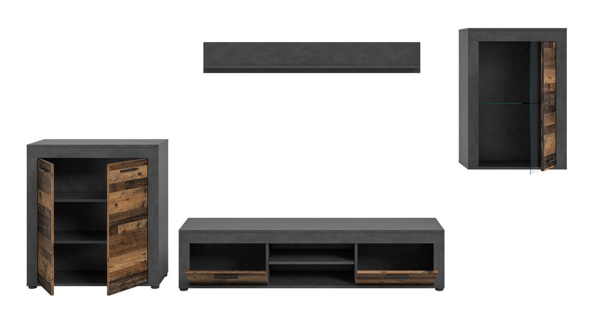 Wohnwand Jam Grau/Naturfarben B: 330 cm - Schwarz/Naturfarben, Design, Glas/Holzwerkstoff (330/169/35cm) - MID.YOU