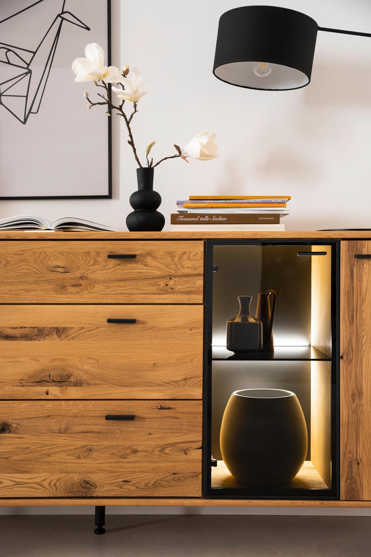 Sideboard Arezzo Wildeiche B: 179 cm - Wildeiche/Anthrazit, Design, Glas/Holz (179/85/44cm) - MID.YOU