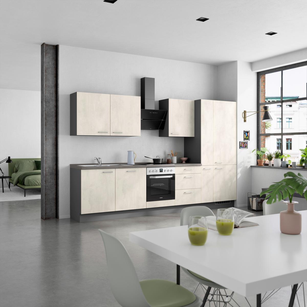 Kuchynská linka 330CM biely betón/ bridlicová šedá - biela/farba ušľachtilej ocele, Modern, kov/kompozitné drevo (330cm) - Nobilia