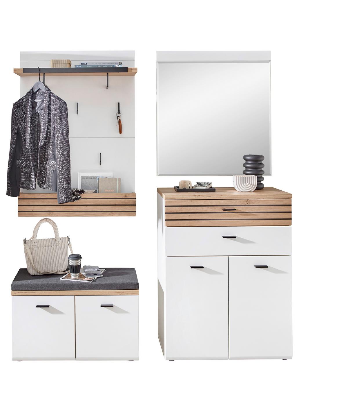 Garderobe Fresno Weiß/Eiche Artisan, B: 175 cm - Schwarz/Weiß, Design, Glas/Holzwerkstoff (175/201/40cm) - Livetastic