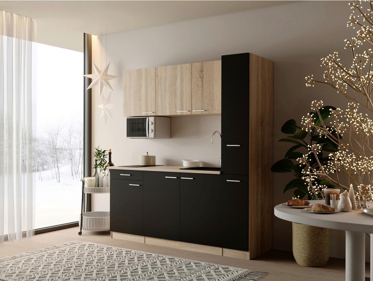 KÜCHENBLOCK Ingrid, Schwarz B: 180 cm - Eichefarben/Schwarz, Design, Holzwerkstoff (180cm) - Respekta