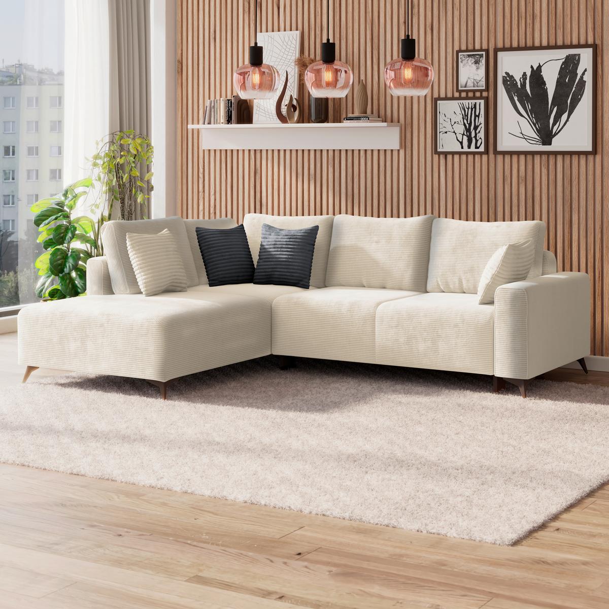 Ecksofa mit Schlaffunktion Viktor Creme Cord 212x270 cm - Creme/Schwarz, MODERN, Textil (212/270cm)