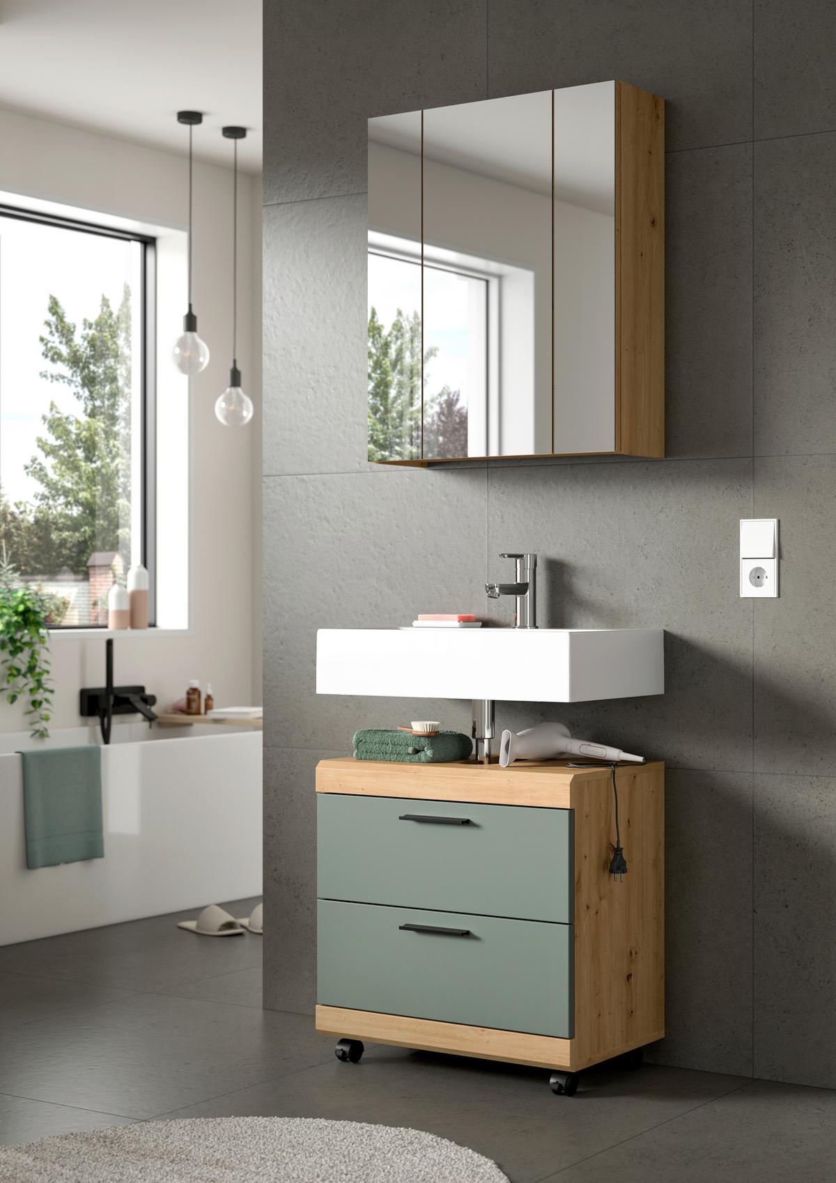 Waschbeckenunterschrank Scout Salbeigrün/Eiche Dekor B: 60cm - Salbeigrün/Schwarz, Trend, Holzwerkstoff (60/60/34cm) - MID.YOU