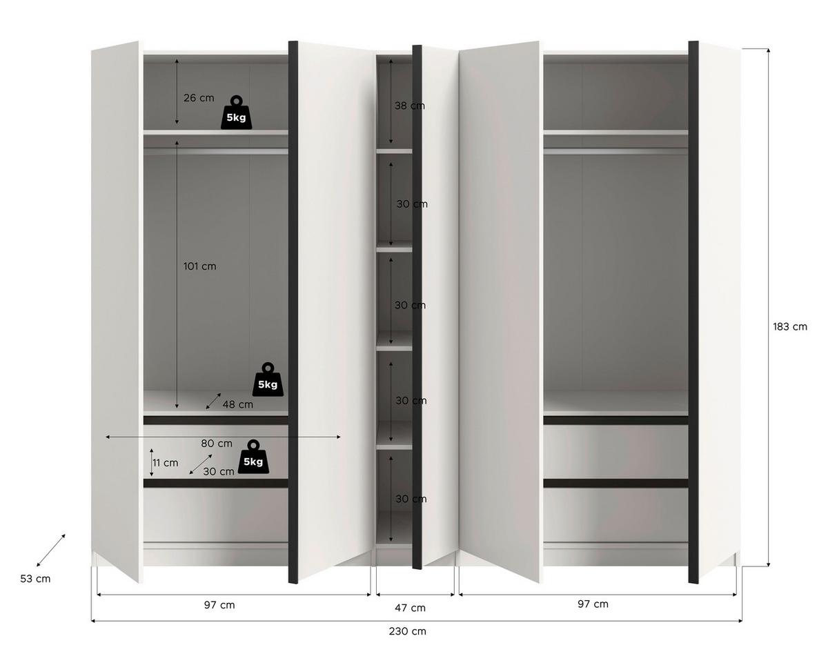 DREHTÜRENSCHRANK Oakland Weiß B: 230 cm - Weiß, MODERN, Holzwerkstoff (230/183/53cm) - MID.YOU