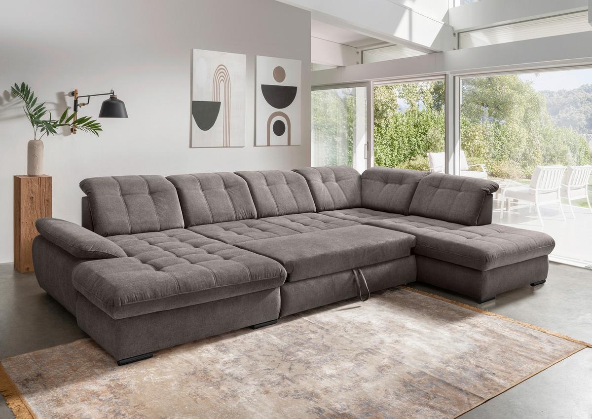 Wohnlandschaft mit Bettkasten Rigatti Graubraun B: 387 cm - Graubraun/Schwarz, MODERN, Textil (184/387/252cm) - Livetastic