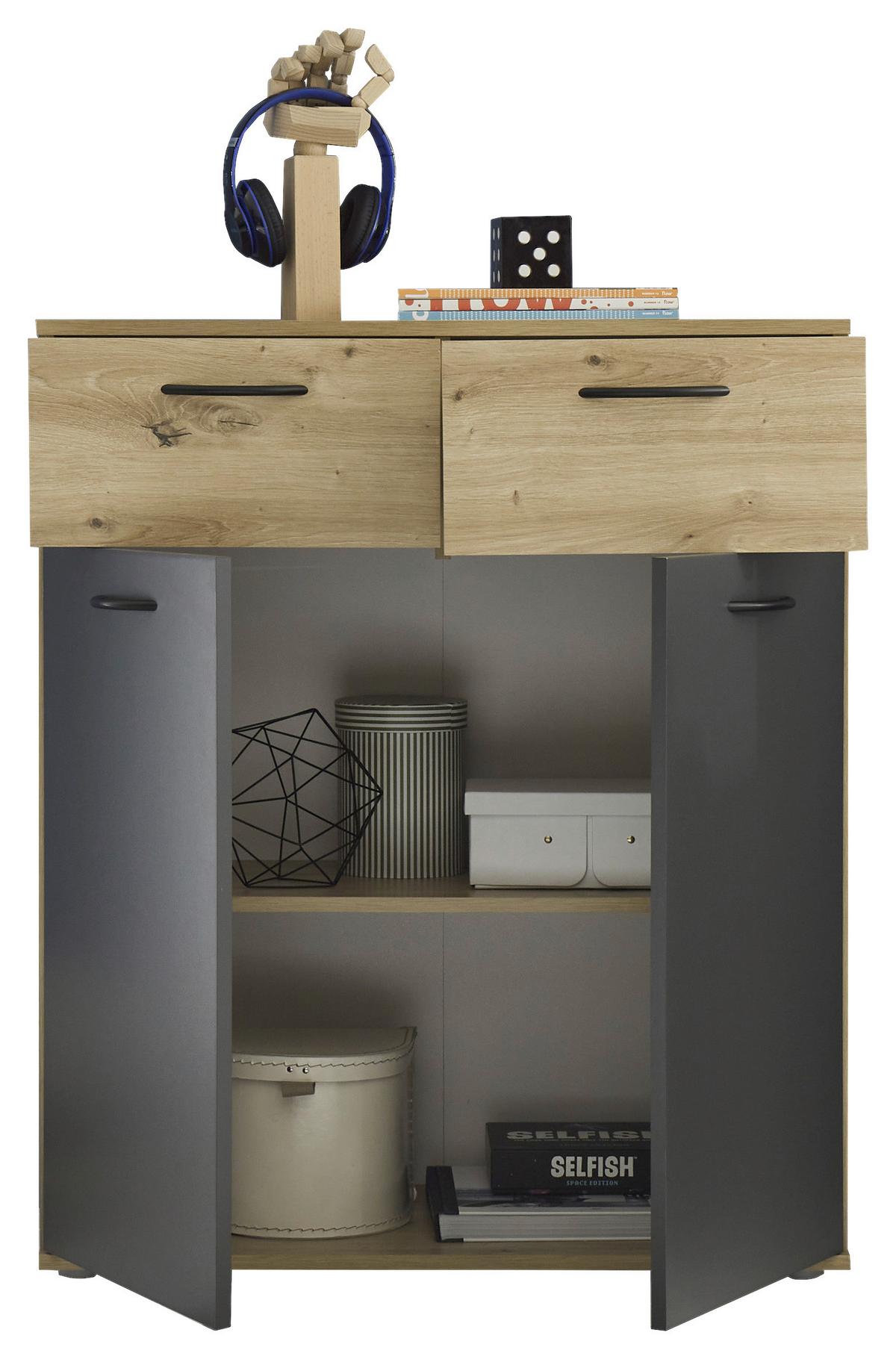 Kommode 80cm Liam Eiche Artisan Dekor - Schwarz/Graphitfarben, KONVENTIONELL, Holzwerkstoff (80/95/38cm)