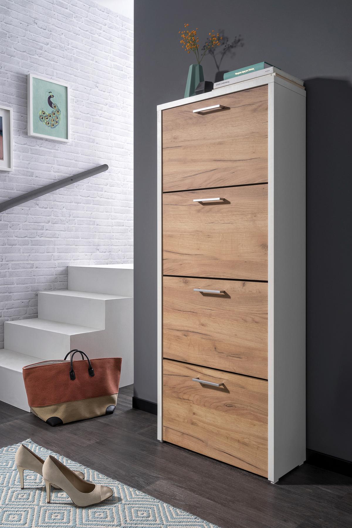 Schuhkipper Fulda 2 4 Klappen Eiche/Weiß B: 60 cm - Eichefarben/Weiß, KONVENTIONELL, Holzwerkstoff (60/151,5/25cm) - MID.YOU