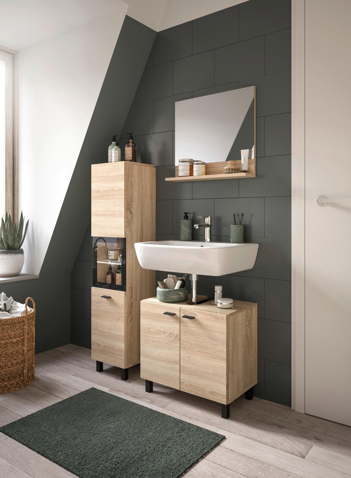 Badezimmer Boston Sonoma Eiche Dekor - Schwarz/Sonoma Eiche, MODERN, Glas/Holzwerkstoff (87cm) - MID.YOU