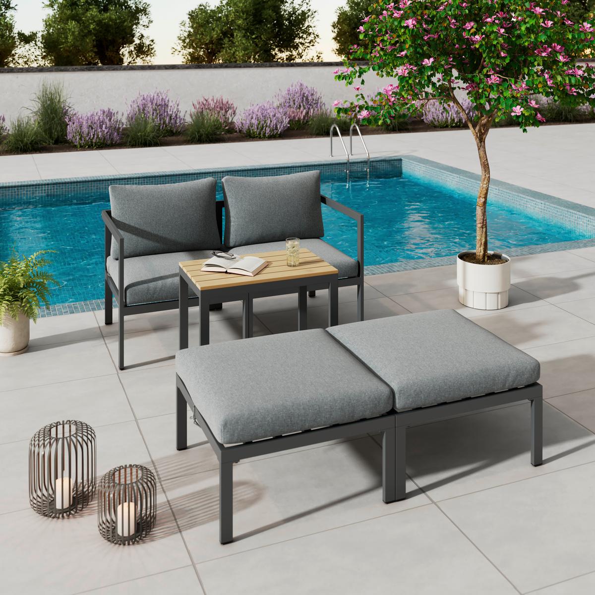 Loungegarnitur Basel - Dunkelgrau/Naturfarben, MODERN, Kunststoff/Textil - Beldano