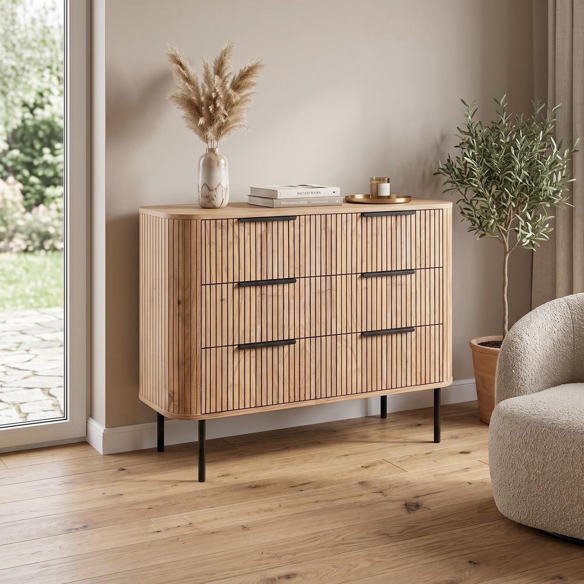 Kommode Kunja Akazie massiv, B: 103 cm - Schwarz/Akaziefarben, Trend, Holz/Metall (103/80/45cm)