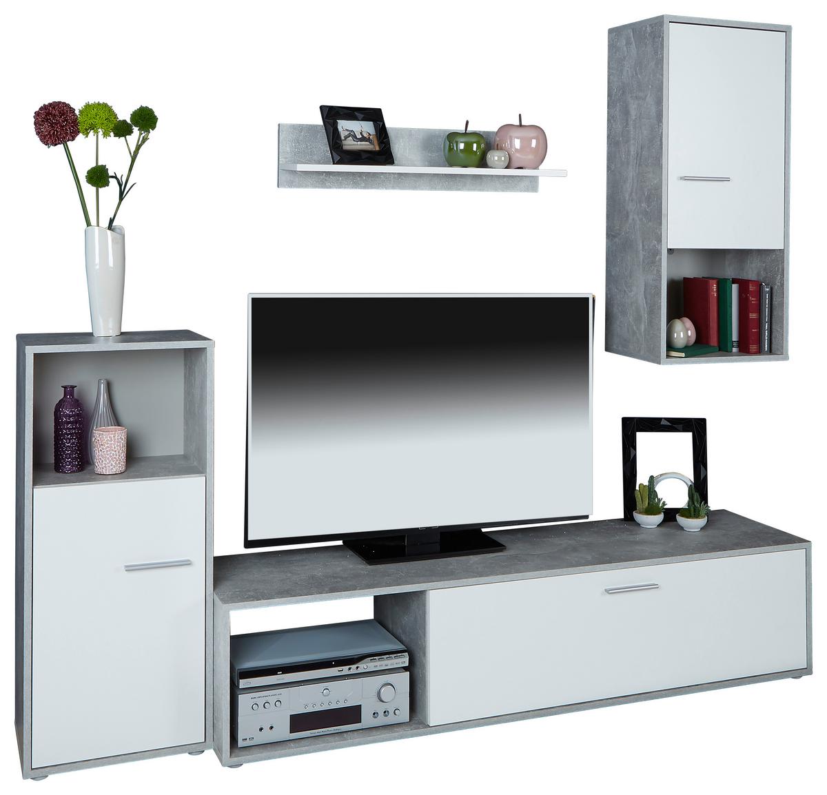 Wohnwand Modern 4 -Teilig. Aran Betonoptik/Perlweiß - Hellgrau/Schwarz, MODERN, Holzwerkstoff (221/183,5/40cm)