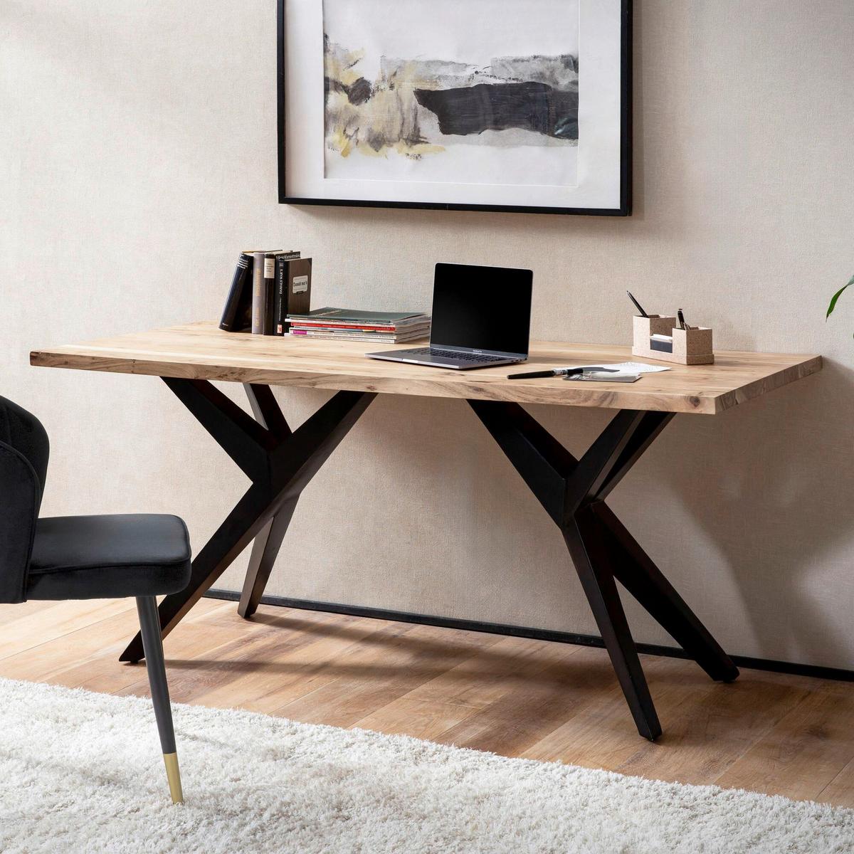 Schreibtisch Akaziefarben L: 180cm - Schwarz/Akaziefarben, Design, Holz/Metall (180/90/76cm) - Livetastic