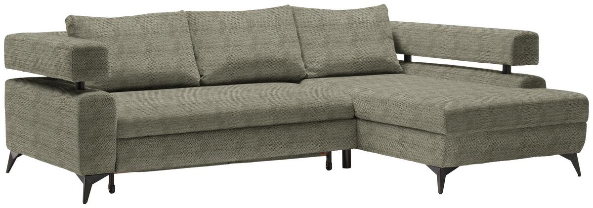 Rohová sedačka ROSALIE, pravá s úložným prostorem a lůžkem - černá/olivově zelená, Konvenční, kov/textil (265/184cm)