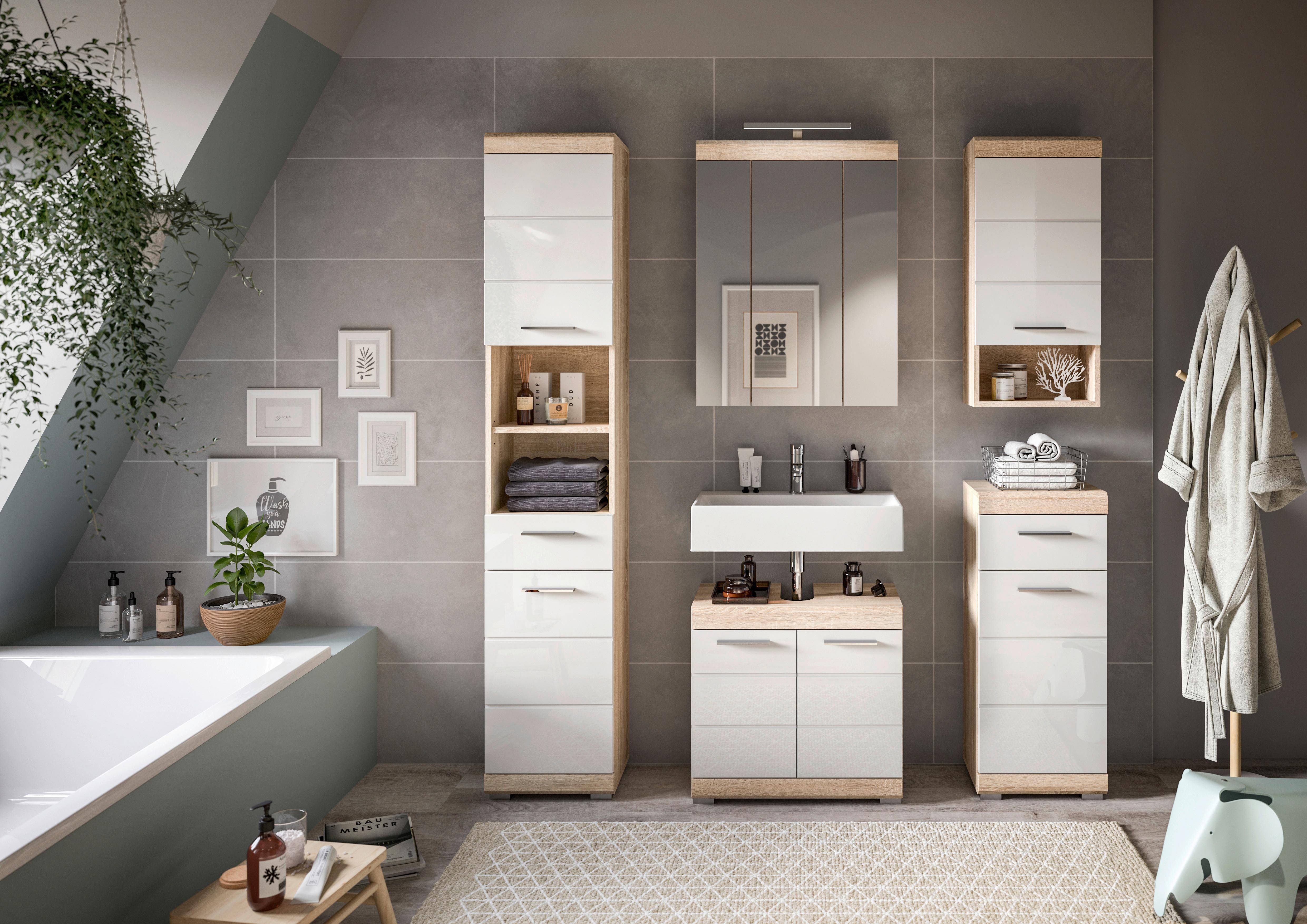 Badezimmer Lambada Eiche Dekor/Weiß B: 134 cm - Weiß Hochglanz/Silberfarben, MODERN, Glas/Holzwerkstoff (134cm) - MID.YOU