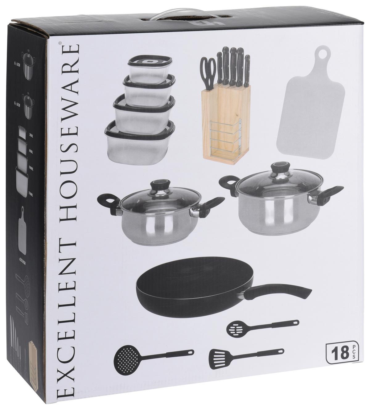 Küchen-Starterset Kunststoff/ Metall, 18-teilig - Schwarz/Weiß, Basics, Glas/Holz (39/16,5/41,5cm)