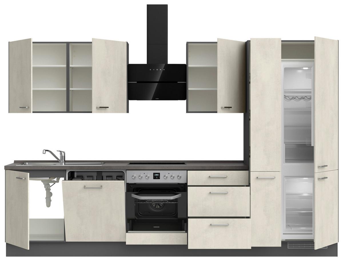 Kuchynská linka 330CM biely betón/ bridlicová šedá - biela/farba ušľachtilej ocele, Modern, kov/kompozitné drevo (330cm) - Nobilia