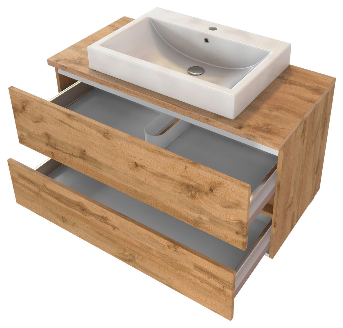 Waschbecken Mit Unterschrank Pienza B: 100 Cm Eiche Dekor - Eiche Wotan/Weiß, MODERN, Keramik/Holzwerkstoff (100cm) - Held