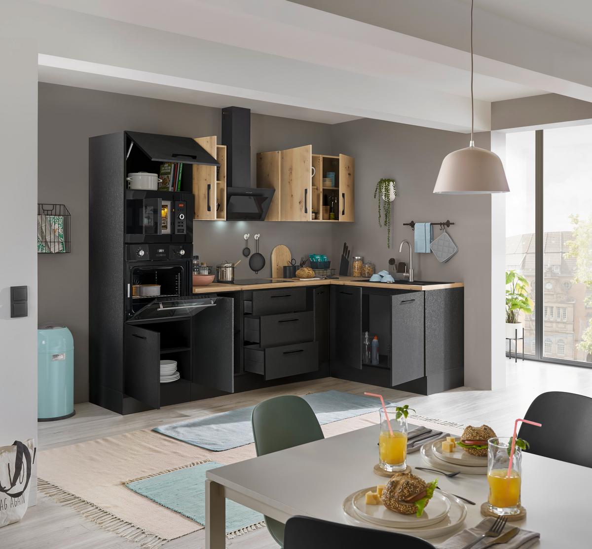 Eckküche Turin Schwarz/Eiche Dekor 270x165 cm - Schwarz/Eiche Artisan, Basics, Holzwerkstoff (270/165cm) - MID.YOU