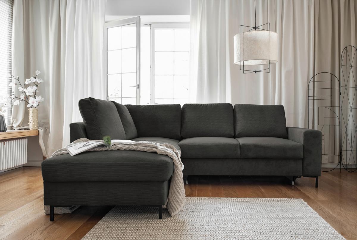 Sedačka LEONIE L, ľavá, sivý menčester - čierna/sivá, Design, kov/drevo (197/237cm)